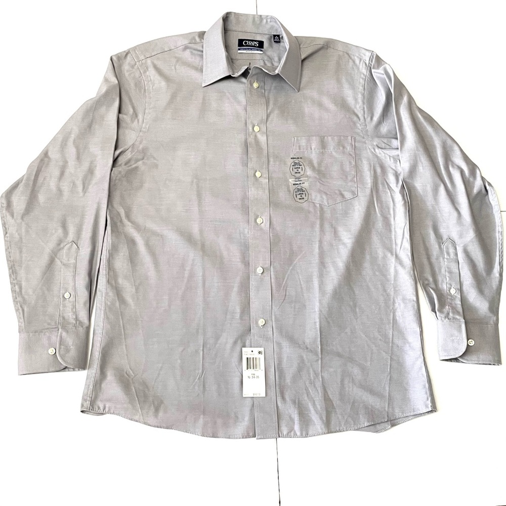 CHAPS Botton Down Dress Shirt Mens Wrinkle Free Gray Pocket Size L 16 34/35